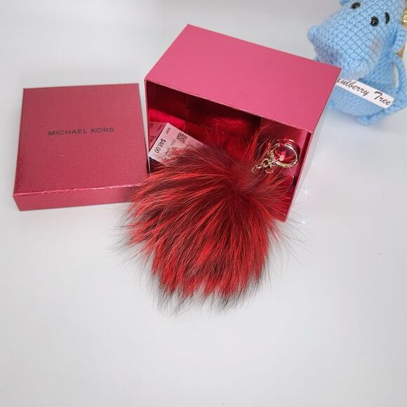 Michael Kors Large Fox Fur Pom Poms In Cherry Red Gold Hardware Keychain Box - Picture 3 of 8